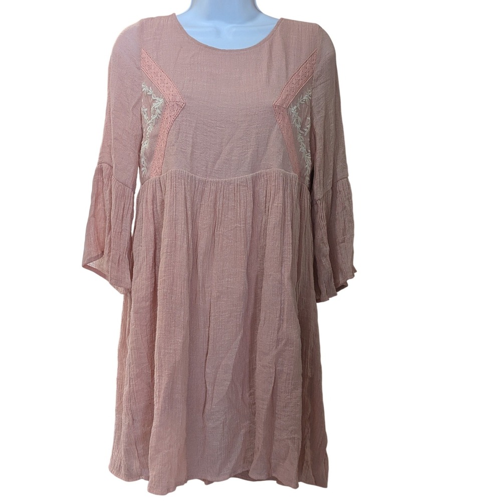 Tassels N Lace‎ Pink Embroidered Bell Sleeve Babydoll Mini Boho Dress  Small